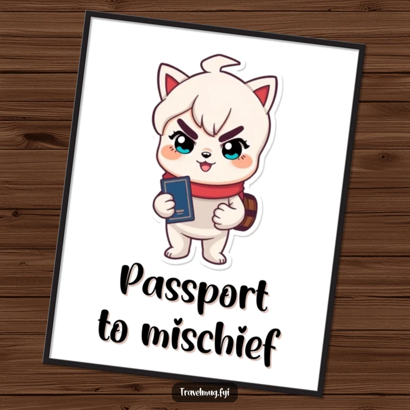 Funny Free Printable Wall Art: Character with a mischievous grin holding a passport, ready for travel.
