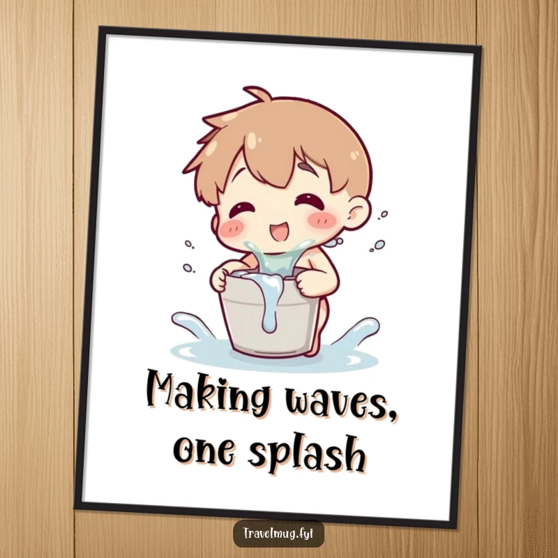 Funny Free Printable Wall Art: Character playfully splashes water from a tiny bucket, bringing a sense of fun.