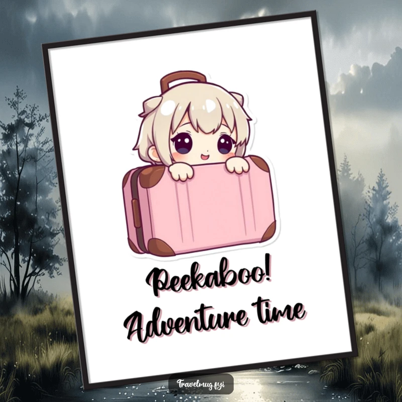 Funny free printable wall art depicting a cute character peeking from behind a suitcase, evoking travel and intrigue, a delightful downloadable art.