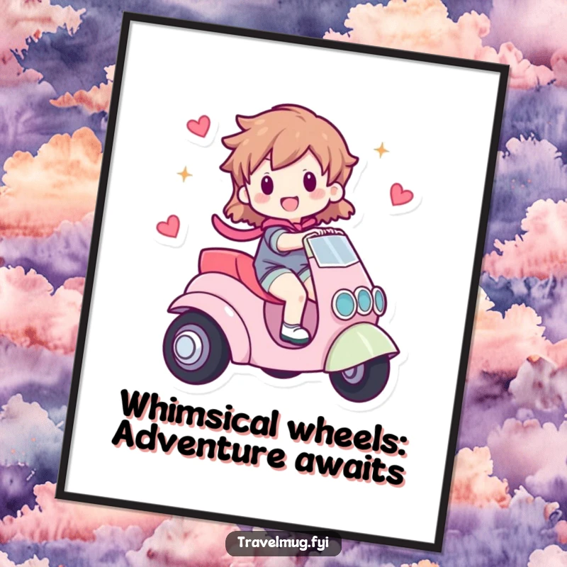 Funny Free Printable Wall Art: Character happily riding a small, uniquely designed, whimsical vehicle. Playful and fun decor download.