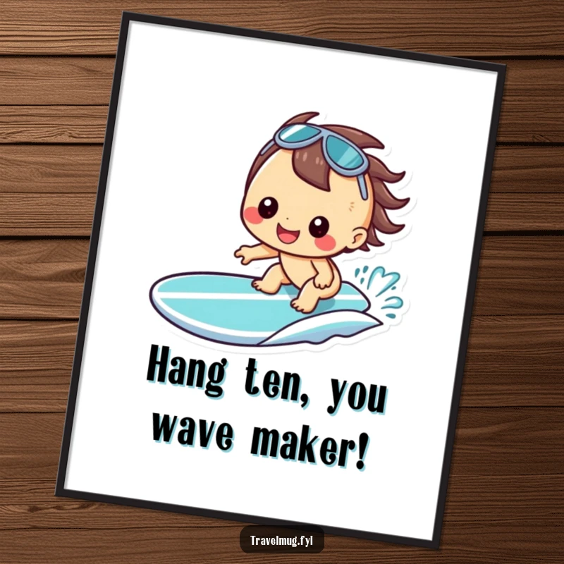 Funny Free Printable Wall Art: Kawaii character with a cheerful grin riding a surfboard, bringing beachy vibes.