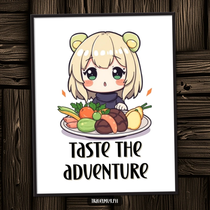 Funny Free Printable Wall Art: Character expressing surprise at a plate of exotic food, adding quirky humor to decor.