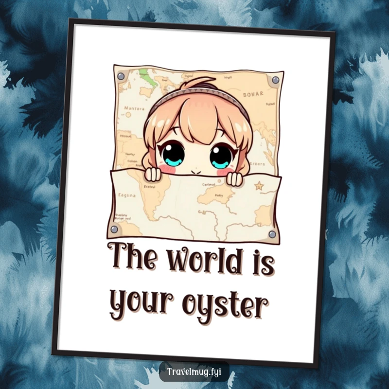 Funny Free Printable Wall Art: Wide-eyed character peeks out from behind a giant map.