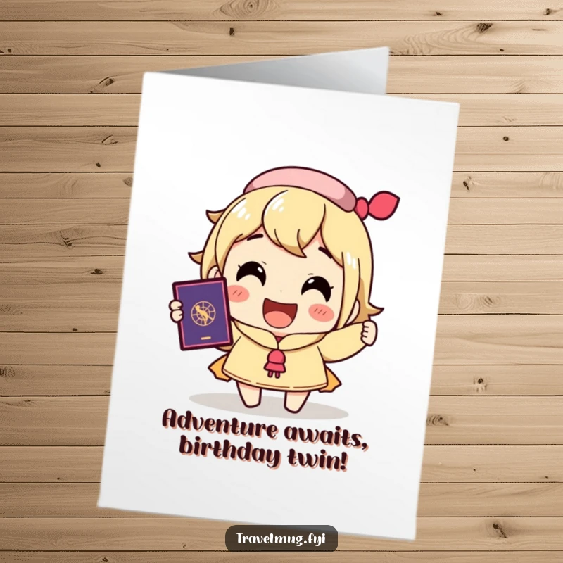 Funny Free Printable Birthday Card: Character beams holding a passport, excited for birthday adventures and travel.