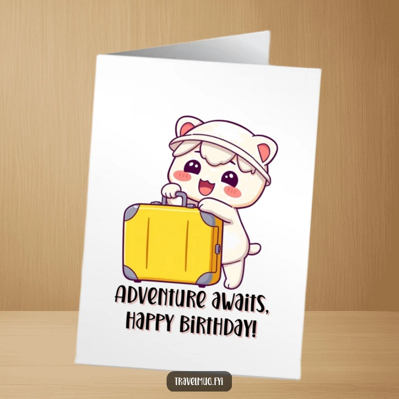Funny Free Printable Birthday Card: Kawaii character gleefully pointing at a packed suitcase, ready for adventure.
