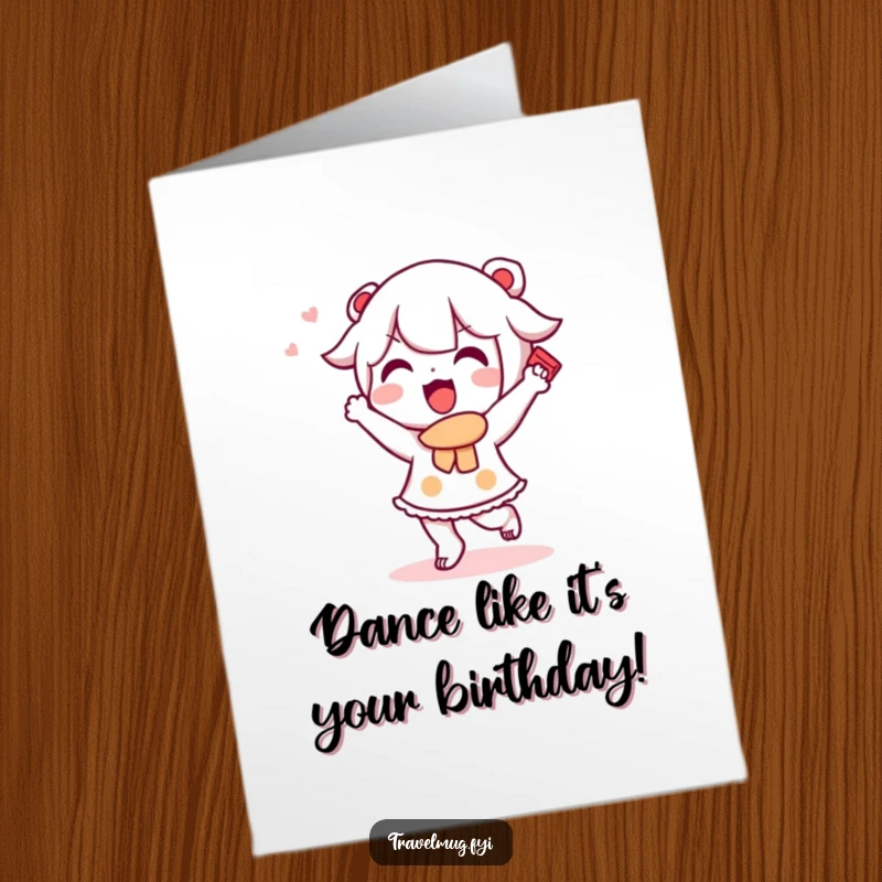Funny free printable birthday card: A Kawaii character doing a happy little dance, proudly holding a souvenir.