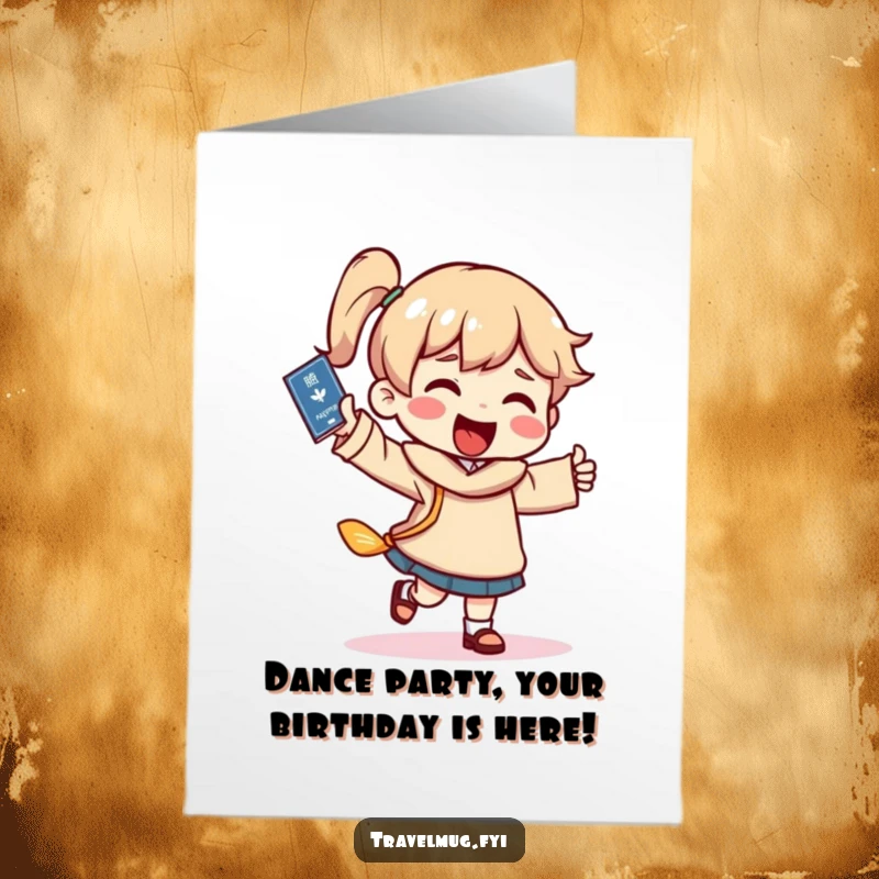 Funny free printable birthday card showing a character doing a silly happy dance while holding a passport, ready for travel.