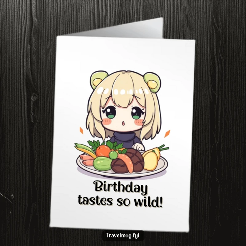 Funny Free Printable Birthday Card: Character with a surprised look at exotic food, celebrating a unique birthday.