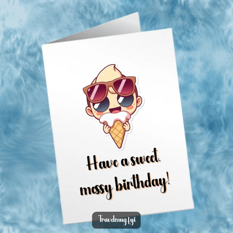 Funny Free Printable Birthday Card: Character in sunglasses grins holding a melting ice cream cone.