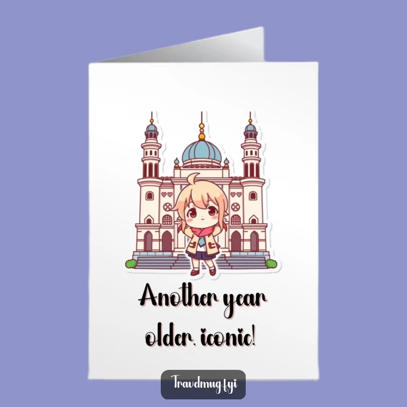 Free Printable Birthday Card: Funny Landmark Pose Character, Downloadable Fun Surprise