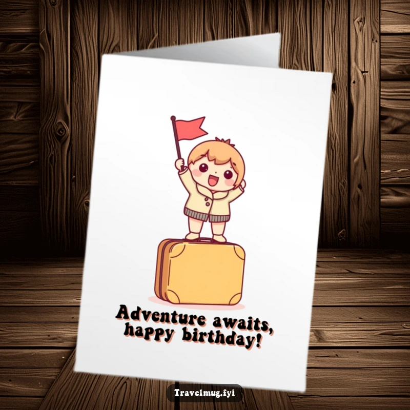 Funny Free Printable Birthday Card: Excited character waves a tiny flag atop a suitcase, ready for adventure.