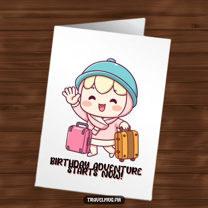Funny Free Printable Birthday Card: Excited kawaii character joyfully waving goodbye, holding a packed suitcase.