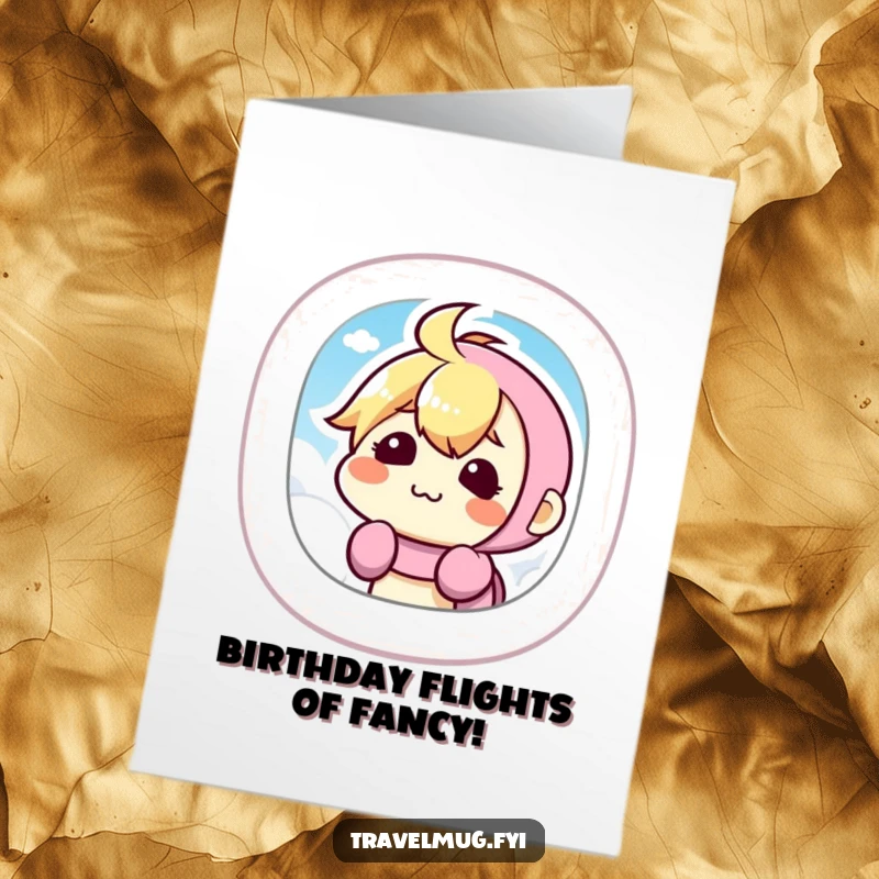 Funny Free Printable Birthday Card: Cute kawaii character making a hilarious silly face peering out an airplane window.