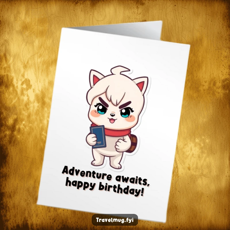 Funny Free Printable Birthday Card: Character with passport and grin, ready for adventure, birthday wish.