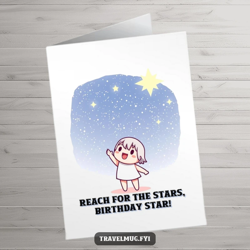 Funny Free Printable Birthday Card with a character pointing to a starry sky, a DIY downloadable gift.