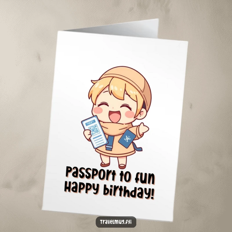Funny Free Printable Birthday Card: Character gleefully holding a passport and ticket, ready for adventure.
