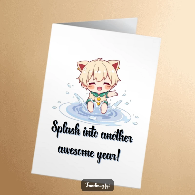 Funny Free Printable Birthday Card with a character joyfully splashing in a puddle, a DIY downloadable gift.