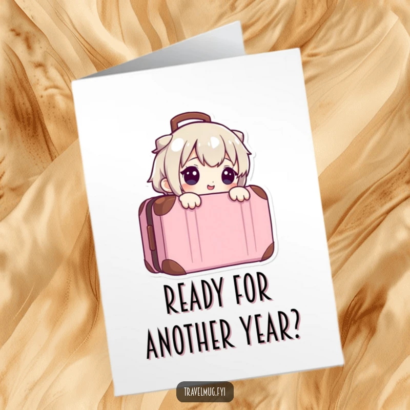 Funny free printable birthday card featuring a cute character playfully peeking from behind a suitcase, hinting at adventure or a surprise, a downloadable gift.