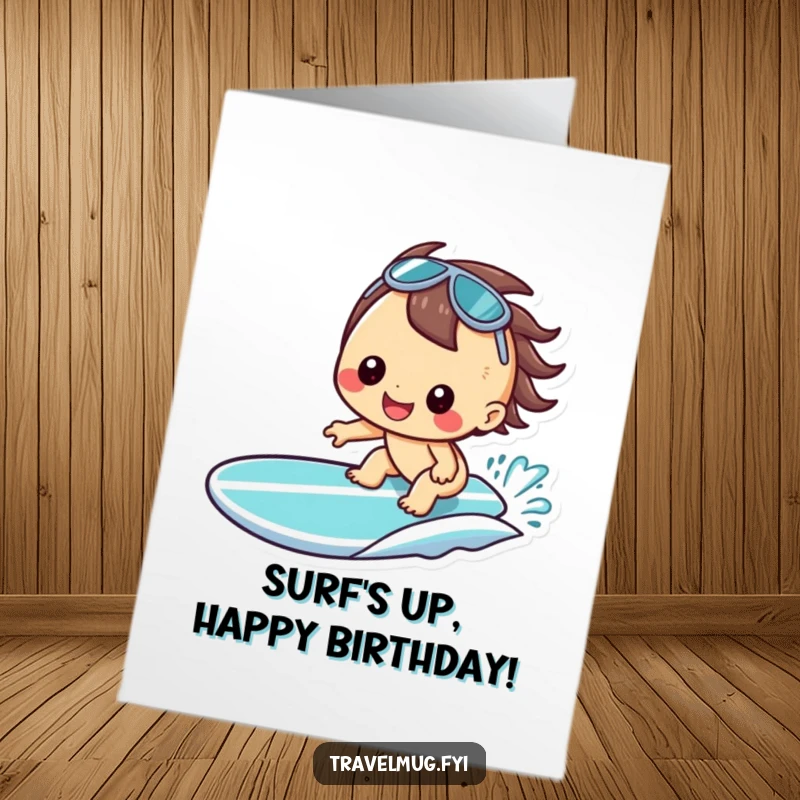 Funny Free Printable Birthday Card: Kawaii character with a cheerful grin riding a surfboard, ready for beach fun.