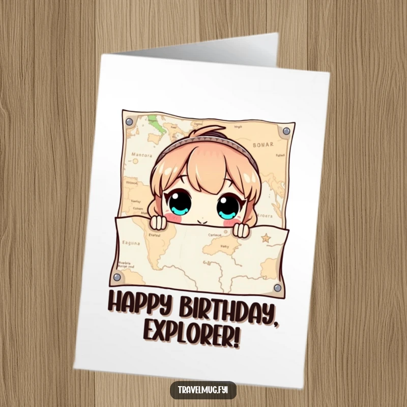 Funny Free Printable Birthday Card: Wide-eyed character peeks from behind a giant map with curiosity.
