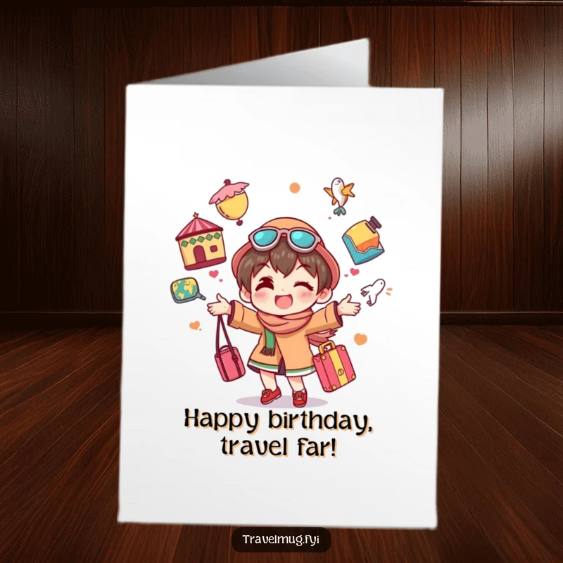 Funny Free Printable Birthday Card: Character cheerfully juggling colorful travel souvenirs, embodying a joyful, adventurous spirit.