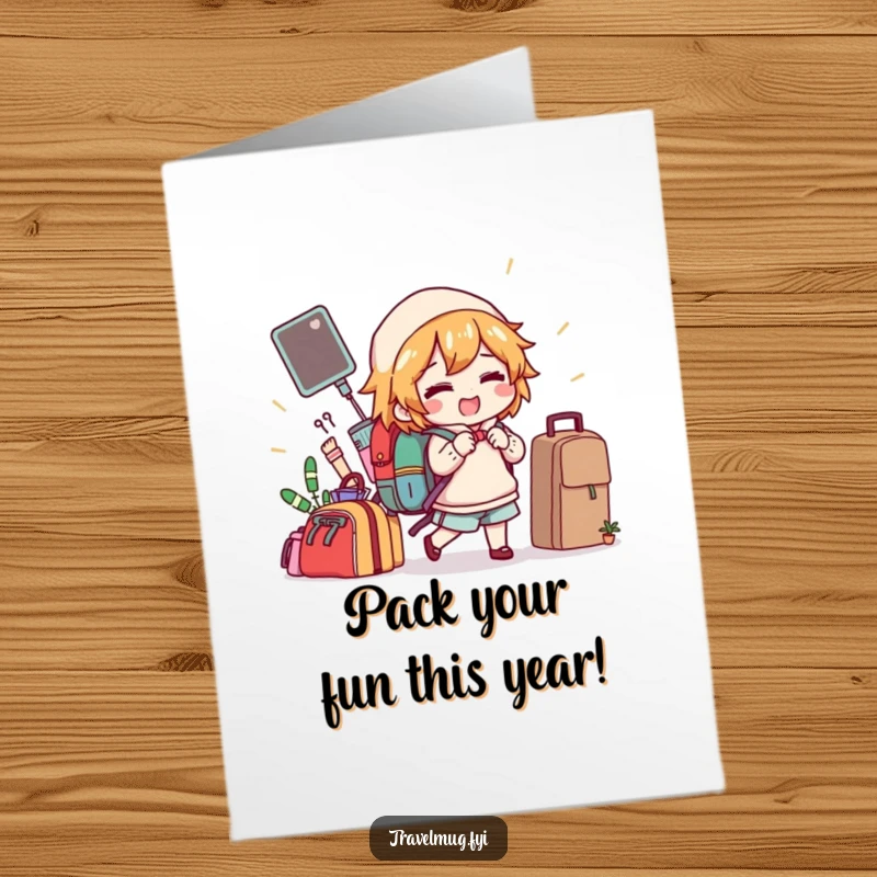 Funny Free Printable Birthday Card: Character gleefully packs a backpack with silly items for a birthday trip.