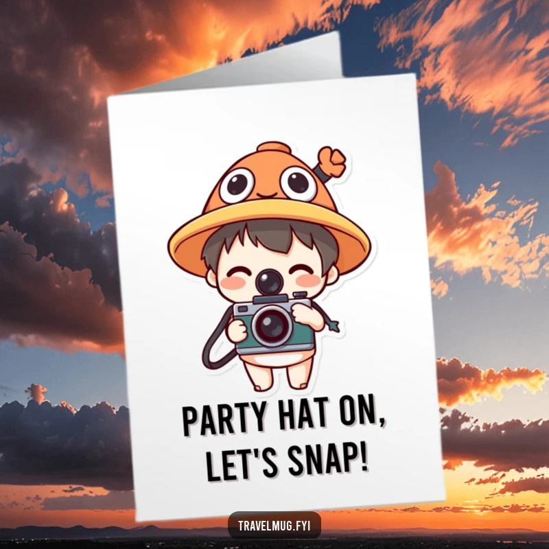 Funny Free Printable Birthday Card: Character in a silly hat holds a camera, ready to snap a birthday pic.