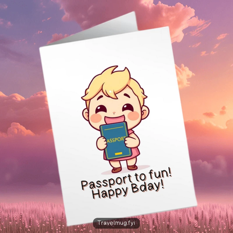 Funny Free Printable Birthday Card: Excited kawaii character holding up a passport with a massive, joyful grin.