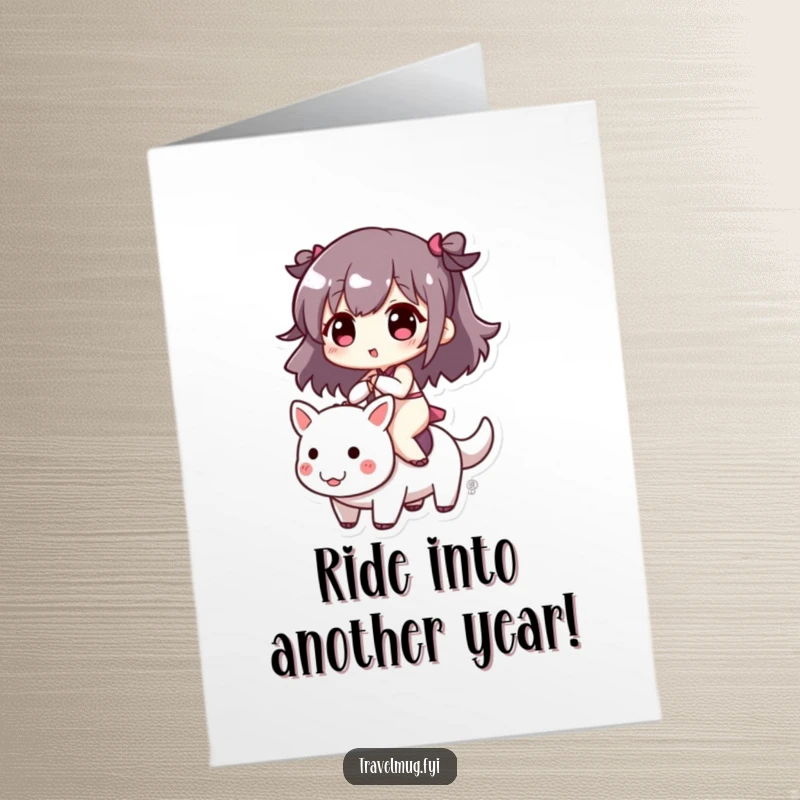 Funny Free Printable Birthday Card: Cute character gleefully rides a small, playful creature, spreading joy and laughter.