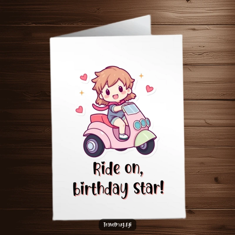 Funny Free Printable Birthday Card: Character gleefully riding a small, colorful, whimsical vehicle. A fun DIY birthday surprise.