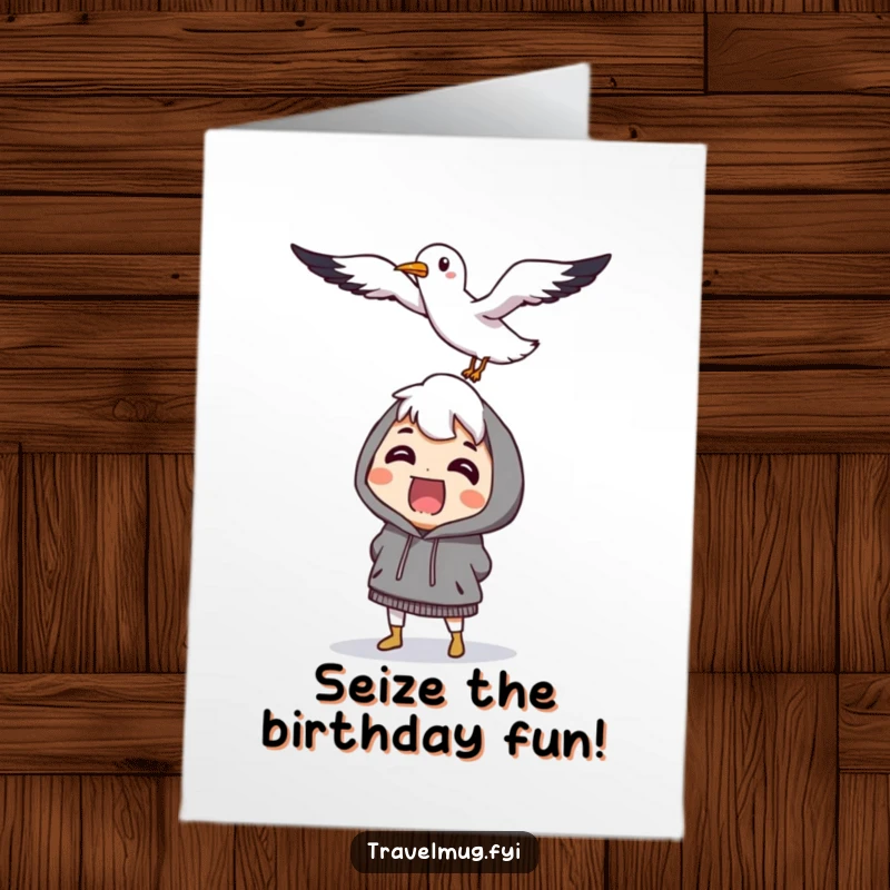 Funny free printable birthday card featuring a character startled by a flying, smiling seagull, a whimsical beach-themed greeting.