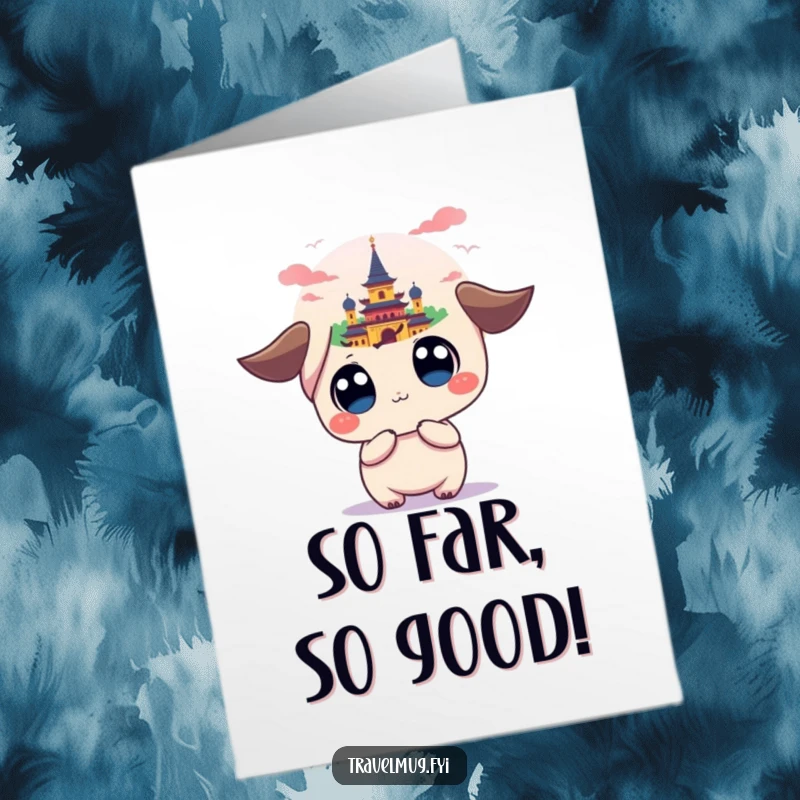 Funny Free Printable Birthday Card: Kawaii character gazes at a distant, colorful landmark, dreaming of adventure.