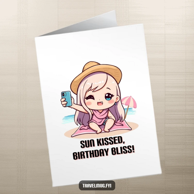 Funny Free Printable Birthday Card: Kawaii character snapping a silly beach selfie, smiling wide.