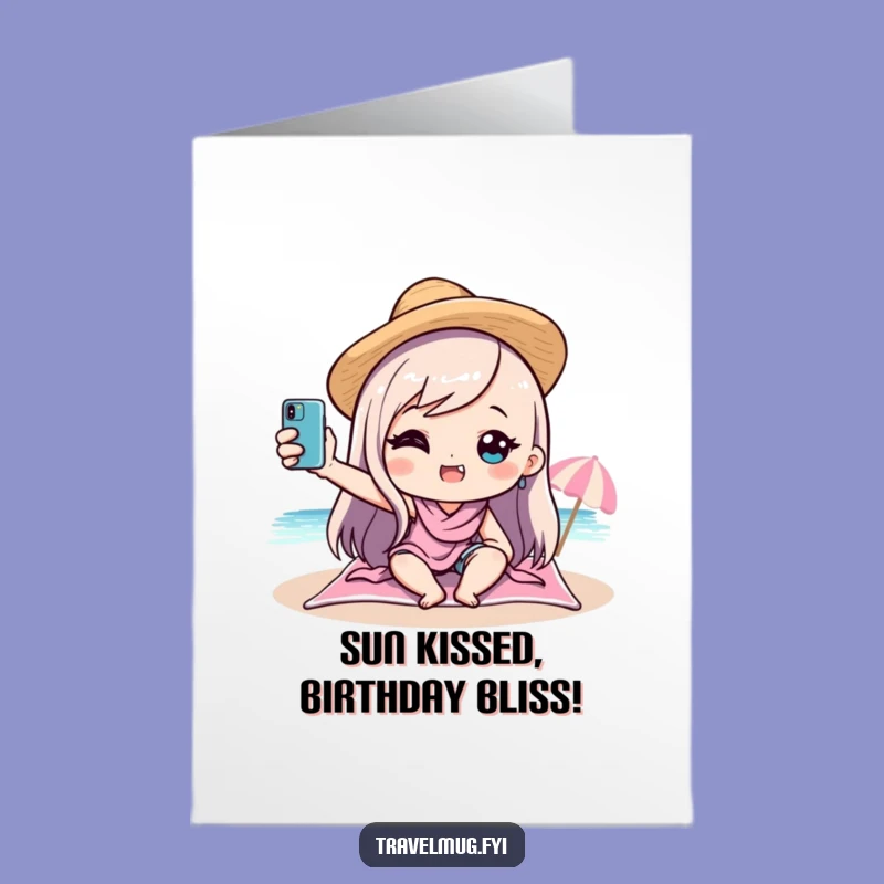 Free Printable Funny Birthday Card: Kawaii Beach Selfie Humor