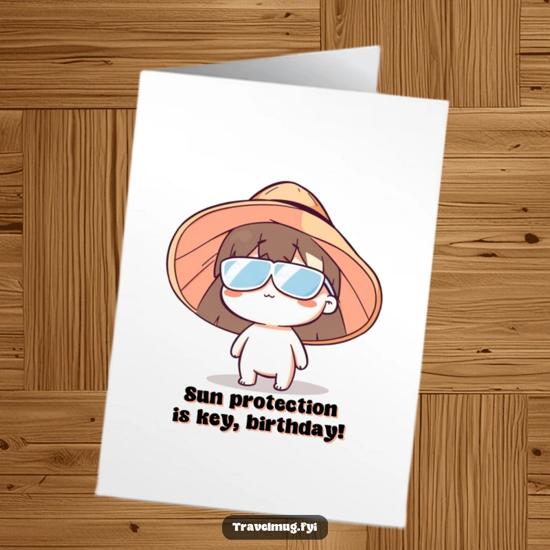 Funny free printable birthday card featuring a character in an oversized sun hat, hilariously shielding their eyes from the sun.