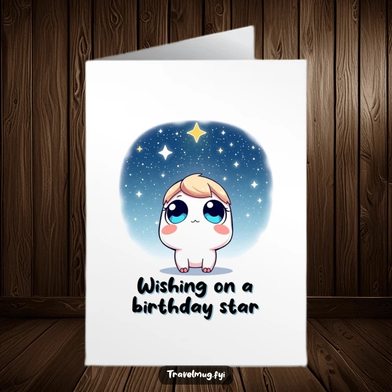 Funny Free Printable Birthday Card: Character with wide eyes looking up at a star-filled sky, full of wonder.