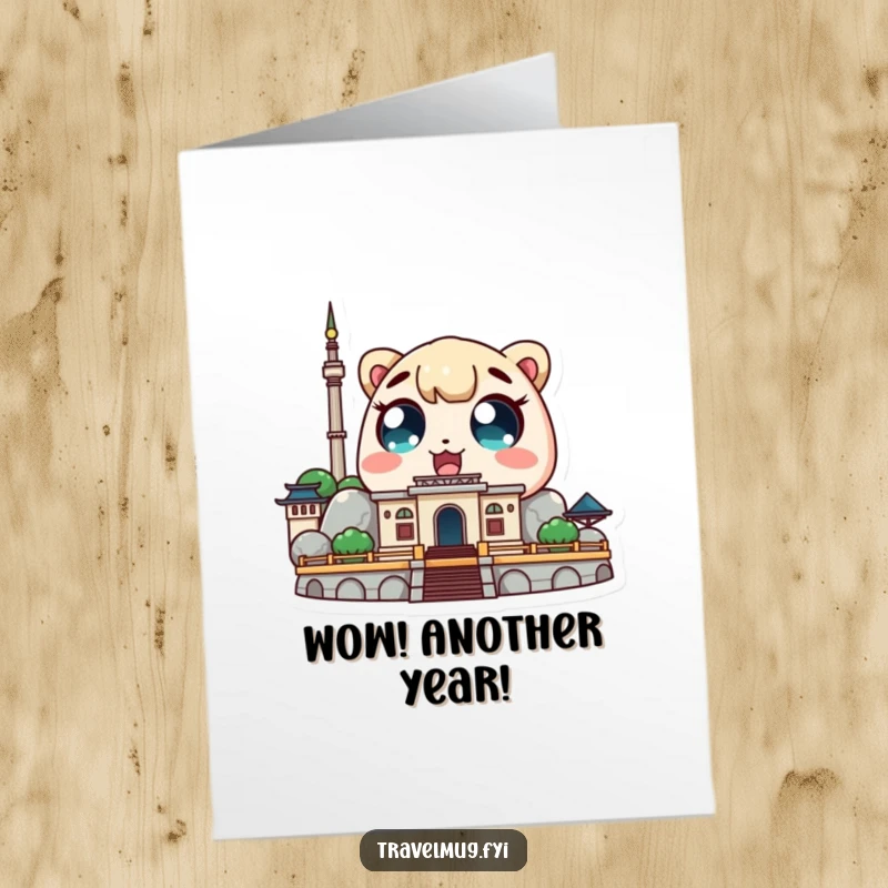 Funny free printable birthday card: A Kawaii character with huge, amazed eyes staring up at an iconic landmark in awe.