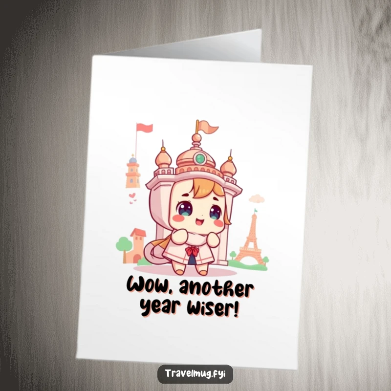 Funny Free Printable Birthday Card: Cute character gazes in awe and wonder at a magnificent landmark.