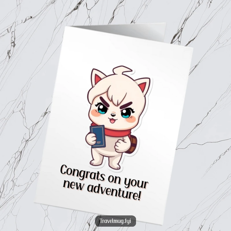 Funny Free Printable Congratulations Card: Character holding passport with a grin, celebrating a new journey.