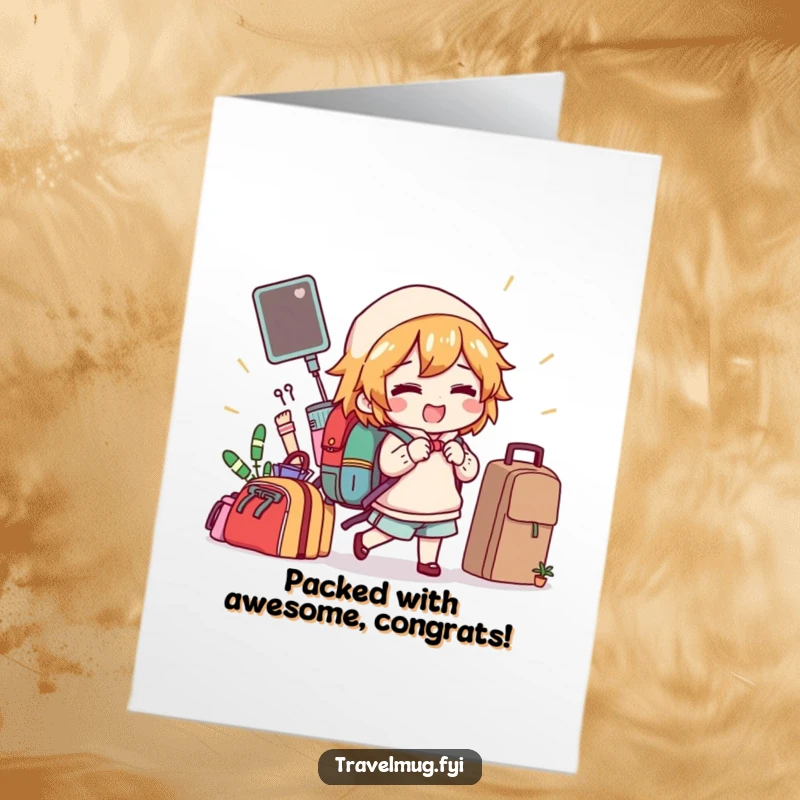 Funny Free Printable Congrats Card: Character joyfully packs a backpack with quirky items, ready for a new adventure.
