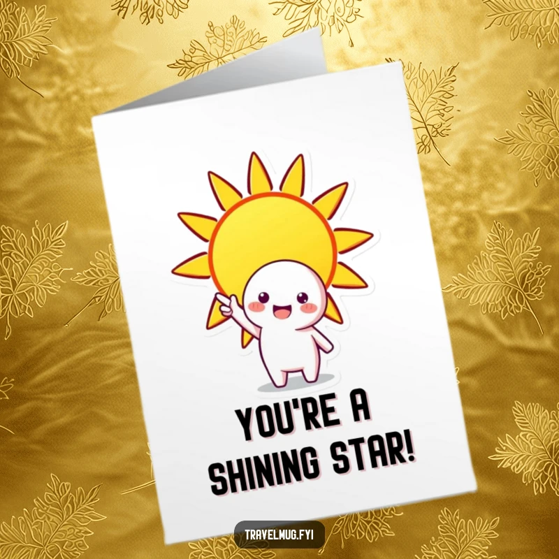 Funny Free Printable Congratulations Card with a character pointing enthusiastically towards a radiant, stylized sun. Celebrating a bright new beginning.