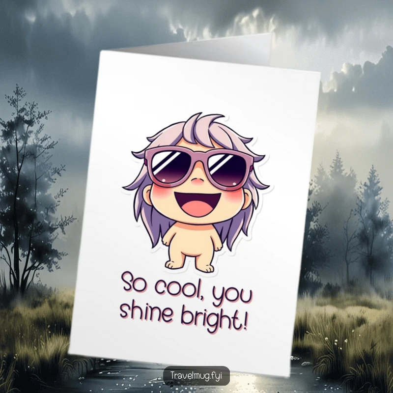 Funny Free Printable Congratulations Card: Character in big sunglasses sports a wide grin, celebrating success.