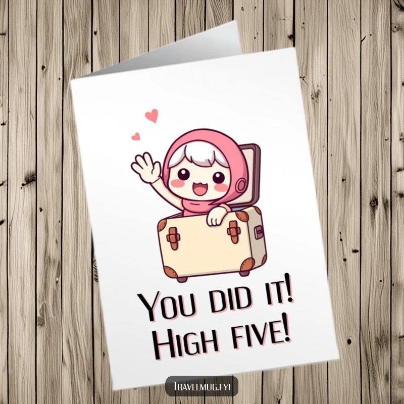 Funny Free Printable Congrats Card: Cute character waving goodbye from a suitcase, celebrating new beginnings with humor.