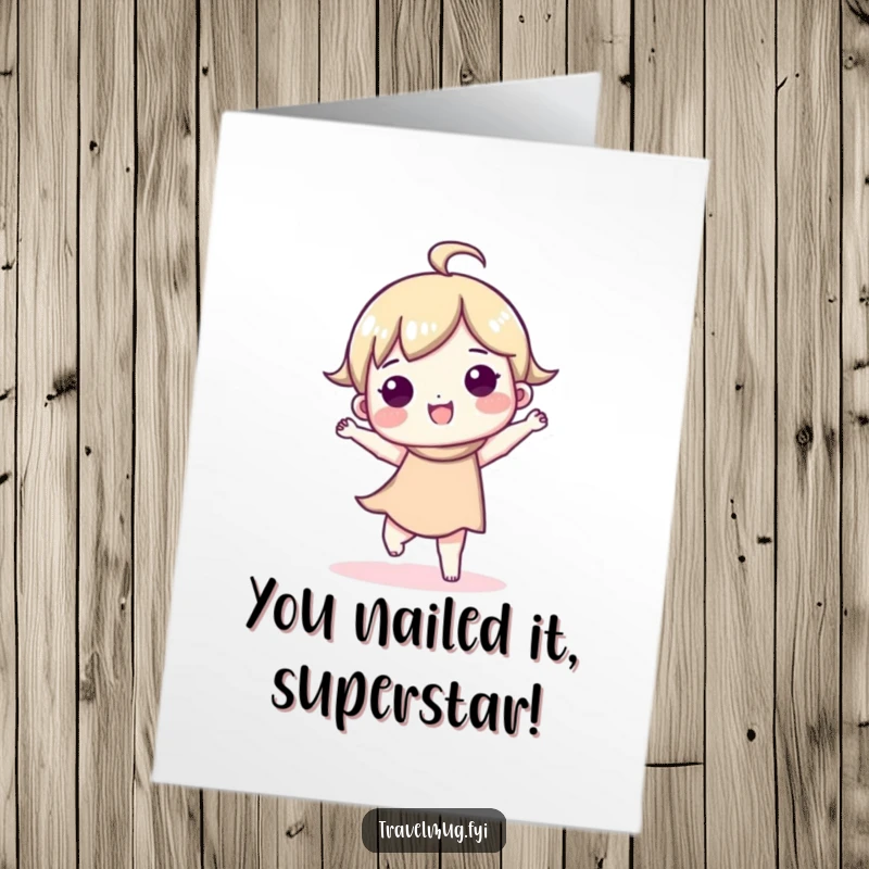 Funny Free Printable Congratulations Card: Cute character celebrates a big achievement with an ecstatic, happy dance.