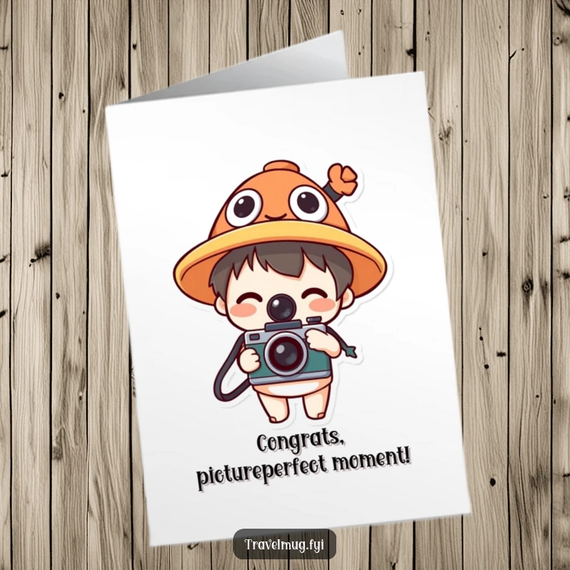 Funny Free Printable Congrats Card: Character sports a funny hat and camera, documenting a joyous occasion.