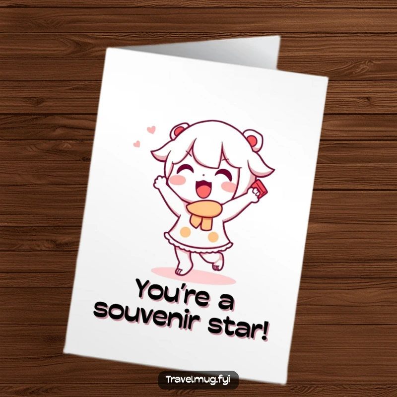 Funny free printable congratulations card: A delighted Kawaii character dancing joyfully while clutching a souvenir.