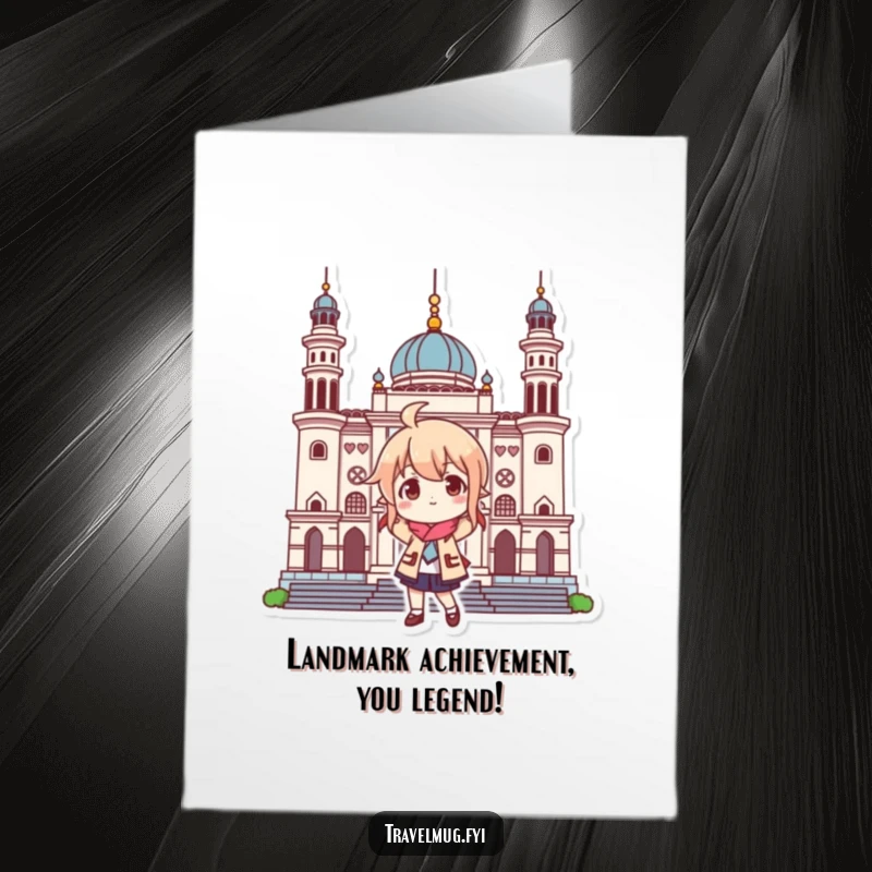 Funny Free Printable Congrats Card: Character strikes a playful pose at a landmark, celebrating your big win.