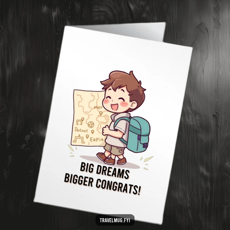 Funny Free Printable Congrats Card: Character with backpack joyfully looking at a giant map, celebrating new journeys.