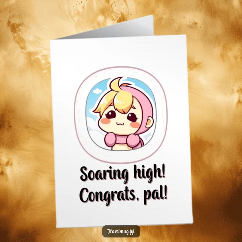 Funny Free Printable Congratulations Card: Energetic kawaii character pulling a funny face while looking out an airplane window.