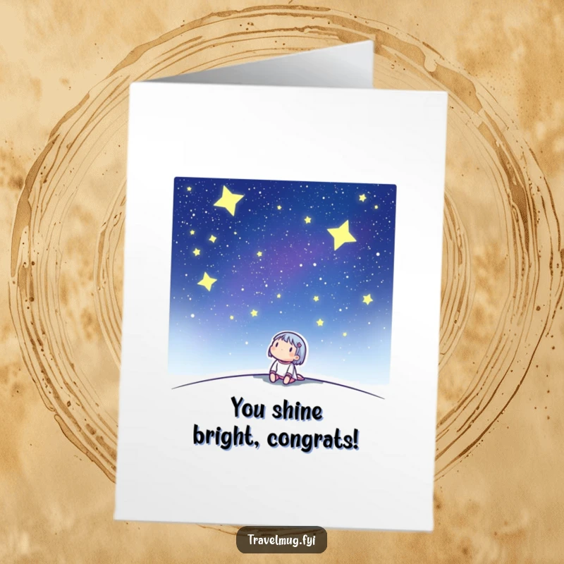 Funny Free Printable Congratulations Card: Character looking up at a starry night, celebrating a bright future.